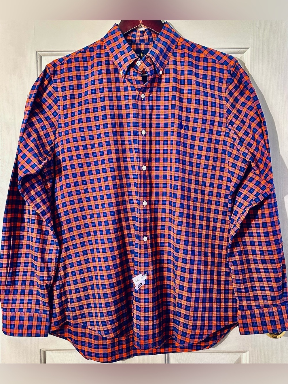 RALPH LAUREN L Preppy Orange Blue Plaid Liteweight Cotton Pony Button Down Shirt